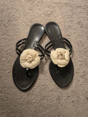 Chanel Black Jelly Thong Sandals with Beige Camellia